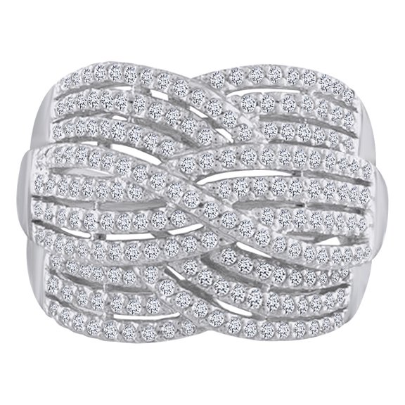 AFFY Round Cut White Natural Diamond Crossover Cocktail Ring In 10k Solid White Gold (1 cttw)