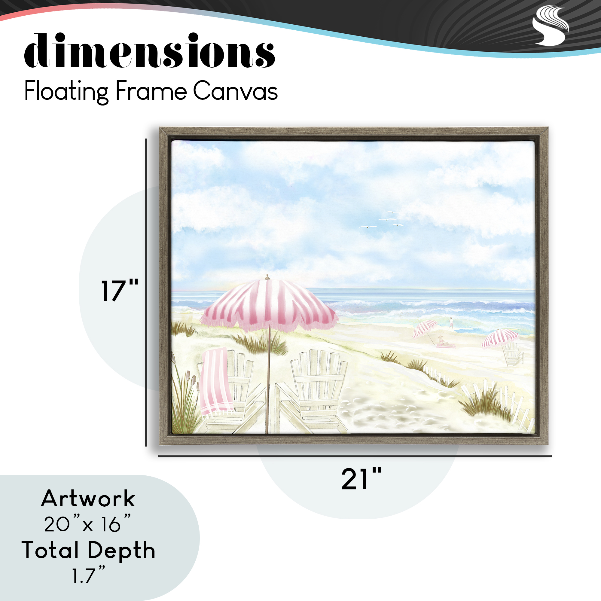 Seascape with Pink Umbrella Brown Framed Floater Canvas Wall Art, design by Lori Mosley