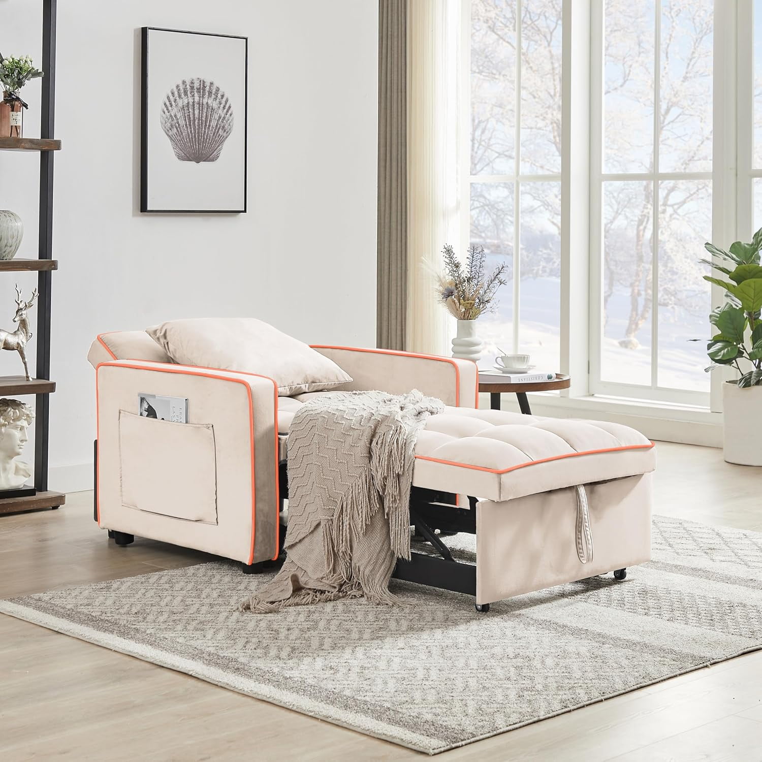 EPOWP Sleeper Chair, Pull Out Chair Sleeper with Adjustable Back & Pocket, Convertible Chairs Bed Sleepers for Adults, 3 in 1 Sofa Bed Chairs for Small Spaces, Living Room, White