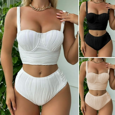 Joernso 2Pcs/Set Women Summer Bikini Set Sling Padded Underwire Bra High Waist Swim Trunks Set Solid Color Quick Drying Bathing Suit Beachwear