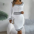 thumbnail image 5 of Ediodpoh Women Autumn Winter Knitted Block Striped Long Sleeve Midi Dress Sweater Dress with Square Neck Buttons White S, 5 of 5
