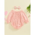 thumbnail image 6 of Hirigin Newborn Infant Baby Girl Cotton Linen Plaid Romper 0 3 6 12 18 Months Off Shoulder Long Sleeve Smocked Bodysuit with Headband, 6 of 8
