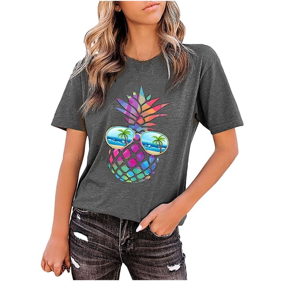 YWDJ Sunglasses for Women Fashion Women O-Neck Printing Loose Casual Pineapple Glasses T-shirt Tops Gray S