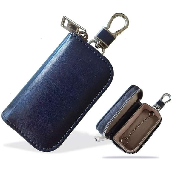 Pouch for Car Keys, Car Key Signal Blocker Case,  Bag Box, Leather Anti Theft RFID Blocking Box, Keyless Remote Control Smart Fob Cage with Hook and Keyring (Blue)