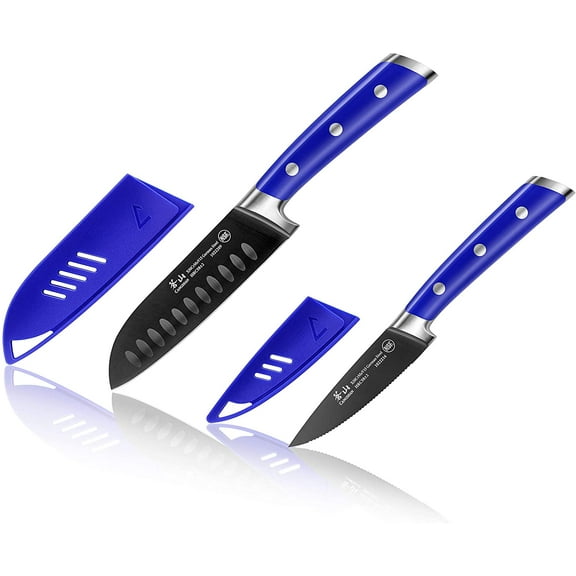 Cangshan S  Series German Steel Forged 2-Piece Titanium Coated Santoku Starter Knife Set with Sheaths, Atlantic Blue