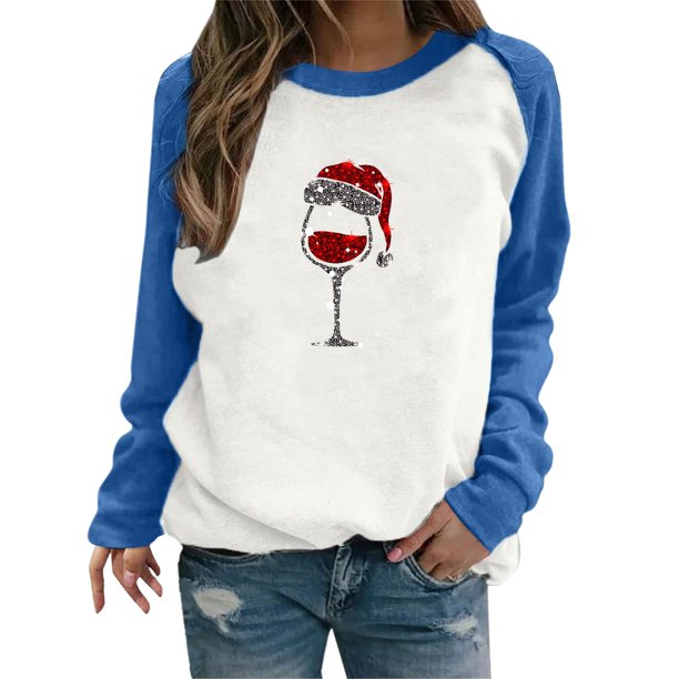 Gibobby Sudaderas navideñas Suéter de manga larga con contraste de felpa de felpa con estampado de manga de vellón para mujer(Azul,M)