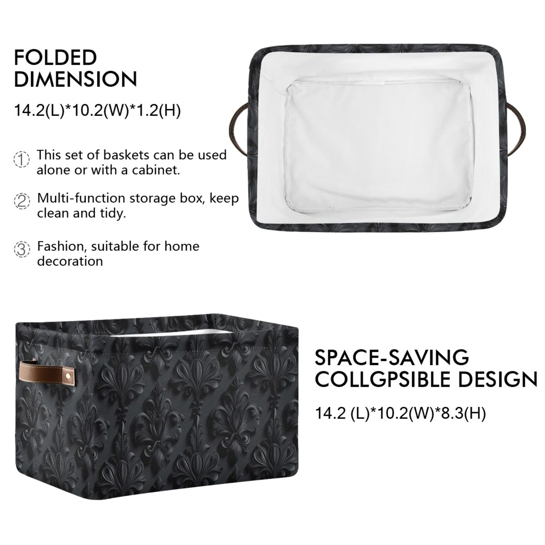 2 Pack Storage Bins with Handle Fabric Organizer Basket Foldable Box 3d Dark Black Damask 14.2x10.2x8.3