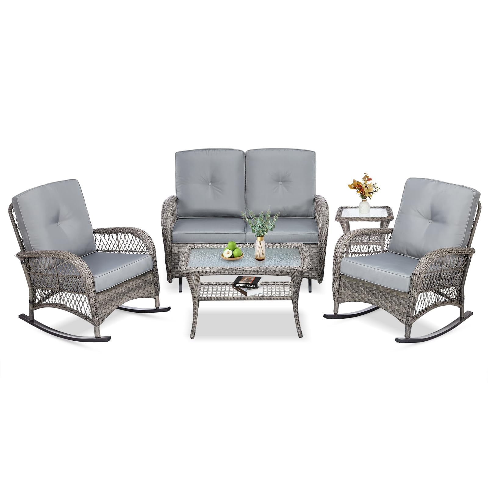 VIVIJASON 5-Piece Outdoor Patio Wicker Conversation Sets, All Weather Outdoor Rattan Furniture Set Includes Glider Loveseat, 2 Coffee Table, 2 Rocking Chairs with Cushions for Backyard, Grey