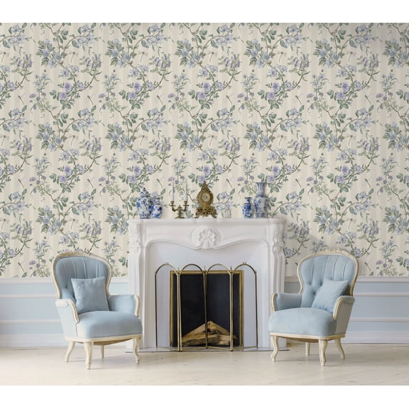 Neutral Blue Spring Meadow Floral Trail Print Non Woven Non-Pasted Textured Wallpaper 57 Sq. Ft. R9649