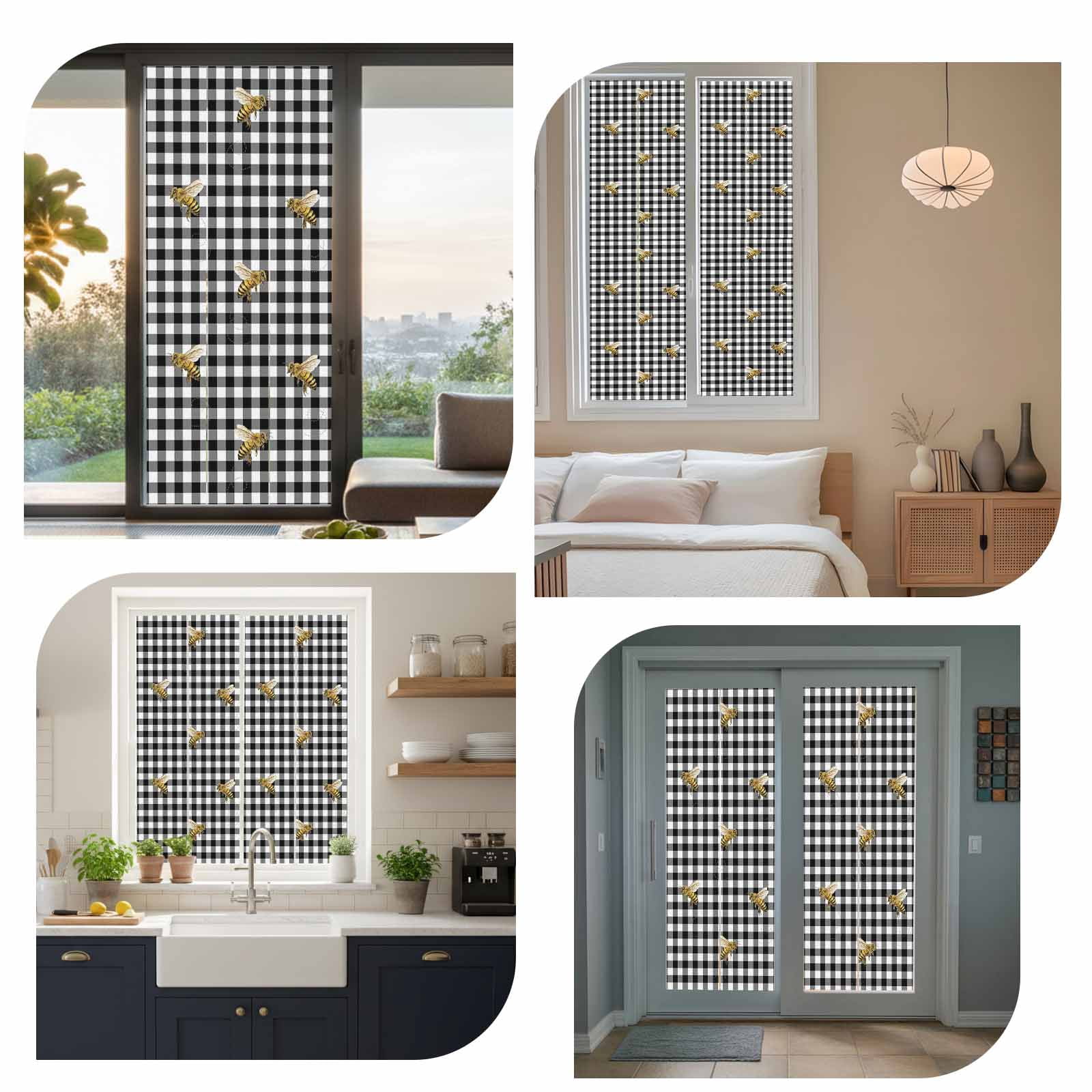 Bee Window Privacy Film, Country Bees Black White Buffalo Plaid Checkered Farmhouse Frosted Glass Window Clings Static Cling UV Heat Blocking Reusable Door Sticker for Bathroom 23.6 x 59 Inch