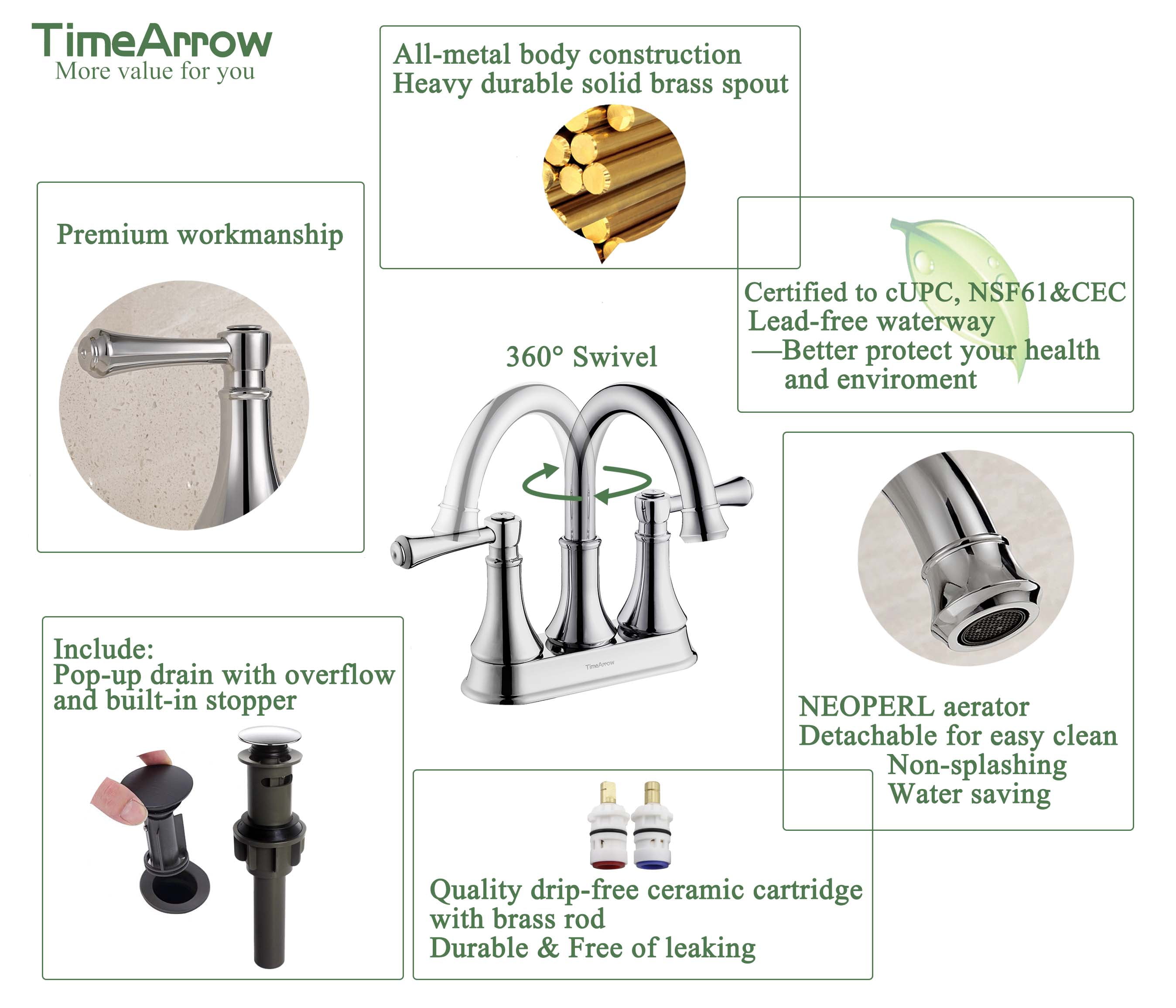 TimeArrow Chrome 4 Inch Bathroom Sink Faucet Vanity Lavatory Faucet for 3 Holes with Pop up Drain and 360° Swivel Brass Spout, TAF067Y-CP