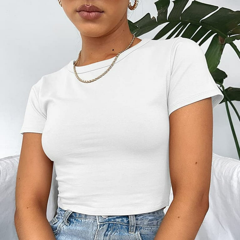 SBYOJLPB Round-Neck Blouses Women Crop Cute Trendy Basic Tight Rounk Neck  Crop Blouse Short Sleeve Crop Tops Clearance