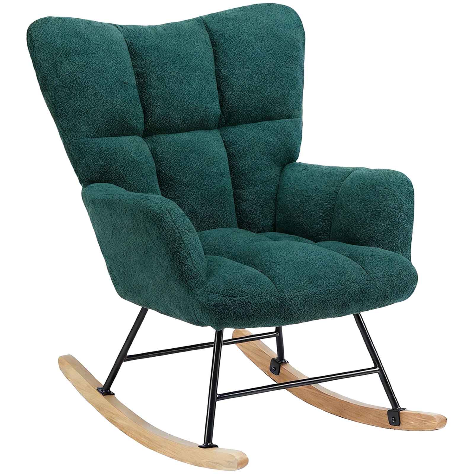 Casabay Rocking Chair with Wing Backrest, Teddy Upholstered Glider Rocker with Non-slip Pad & 250Lb Weight Capacity for Living Room, Bedroom, Green