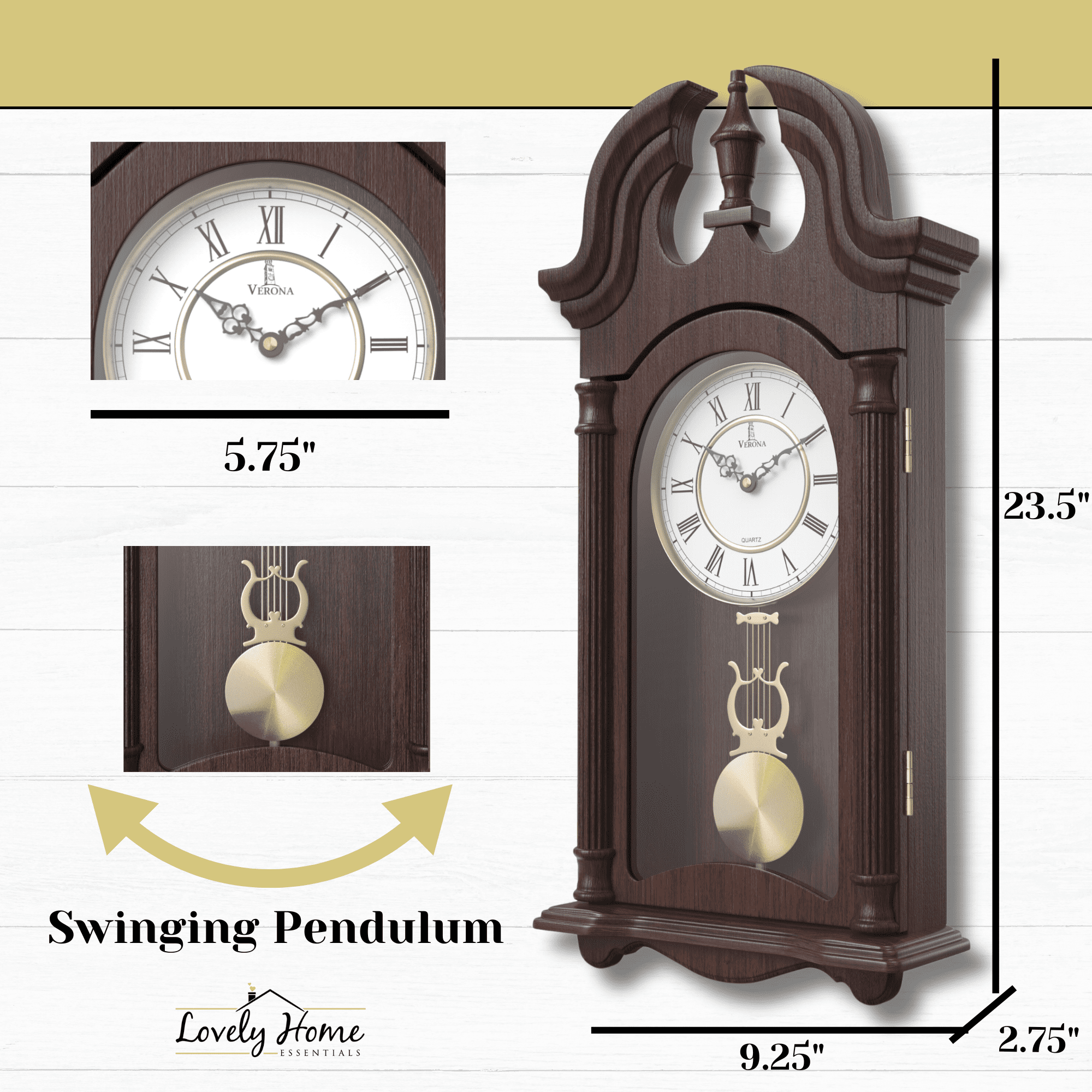 Pendulum Wall Clock, Silent Decorative Wood Pendulum Clock with Swinging Pendulum, Battery Operated, Dark Wooden Design, for Living Room, Dining Room, Kitchen, Office & Home Décor, 23.5x9.25 Inch