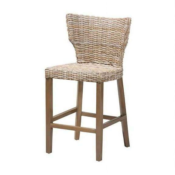bali & pari Enver Bohemian Gray Kubu Rattan and Mahogany Wood Counter Stool