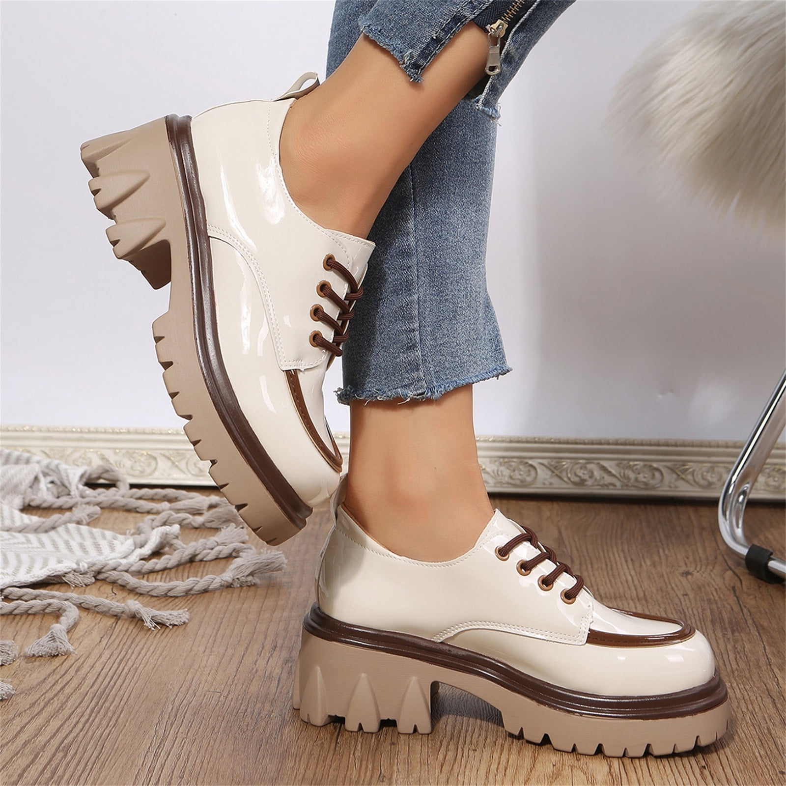 NOKIO Señoras Estilo Británico Color a Juego Cuero con Cordones Tacón Grueso Moda Casual Zapatos Individuales Tacones de Cuña Formales Mujeres con Cordones Tacón Grueso Moda Casual Zapatos Individuales