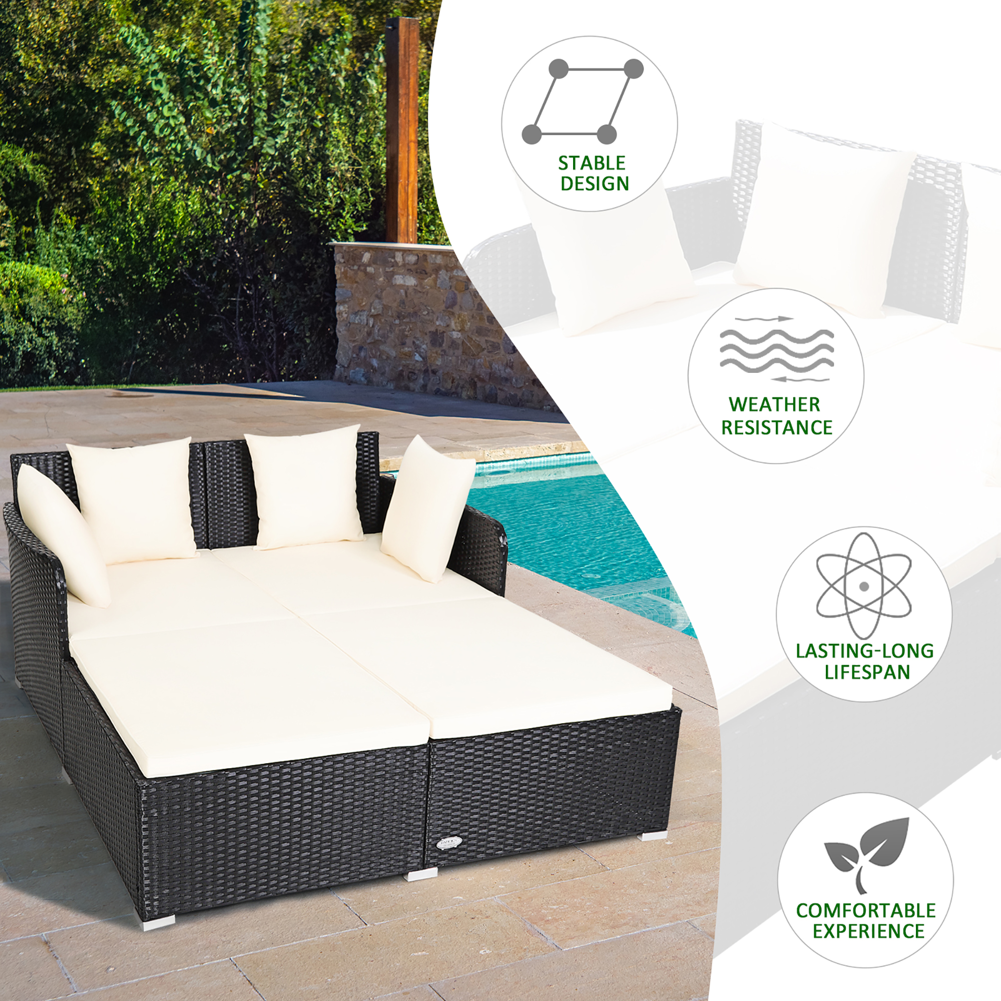 Costway Outdoor Patio Rattan Daybed Pillows Cushioned Sofa Furniture Beige - image 5 of 10