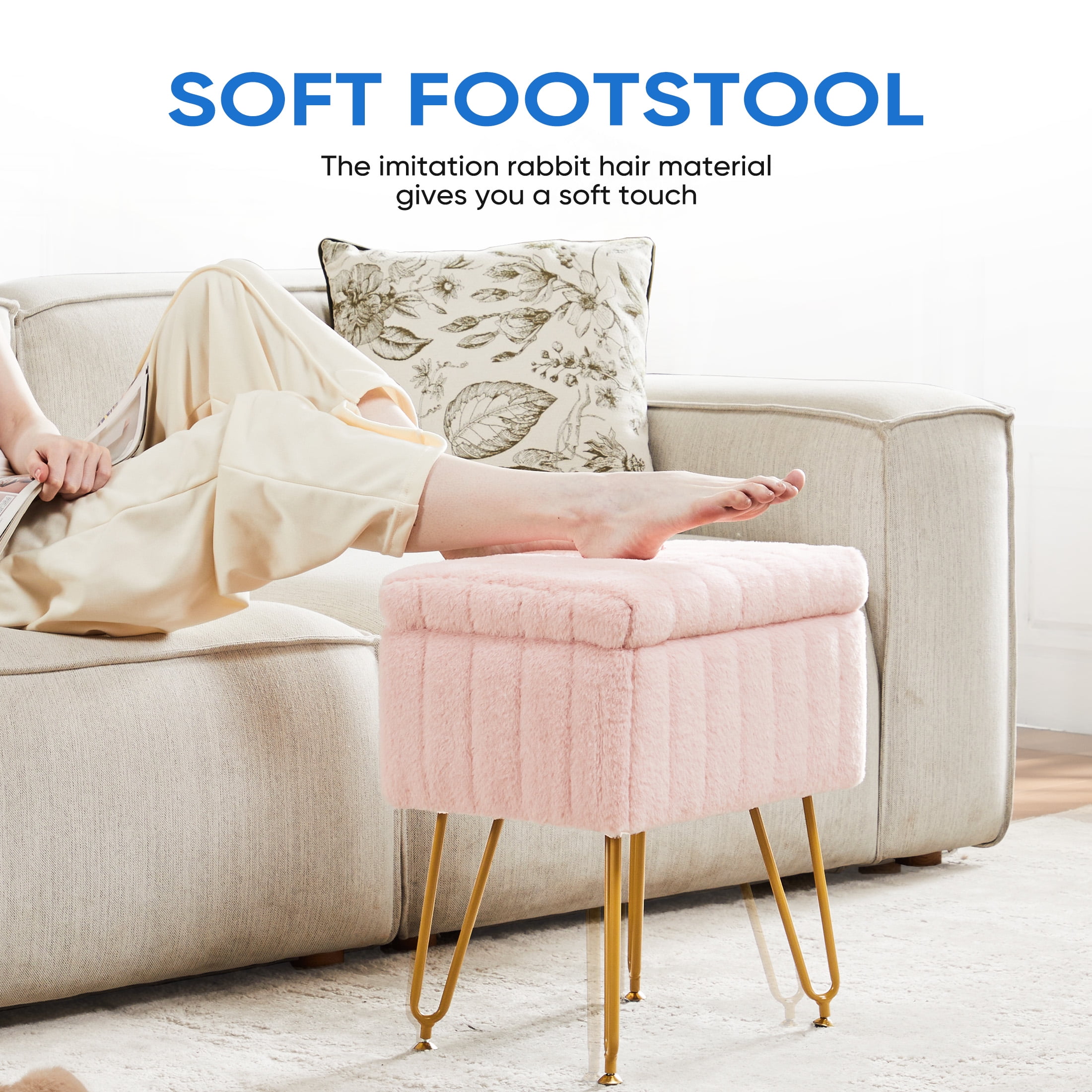JOINSUN Ottoman Vanity Stool Chair, with Storage, Modern Style Faux Fur Seat with 4 Metal Legs & Non-slip Feet for Living Room, Bedroom, Pink