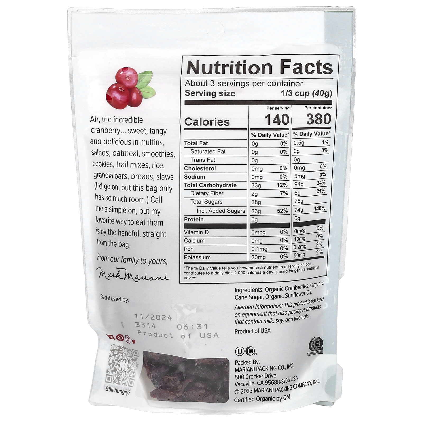 Mariani Dried Fruit, Organic Dried Cranberries, 4 oz Pack of 3