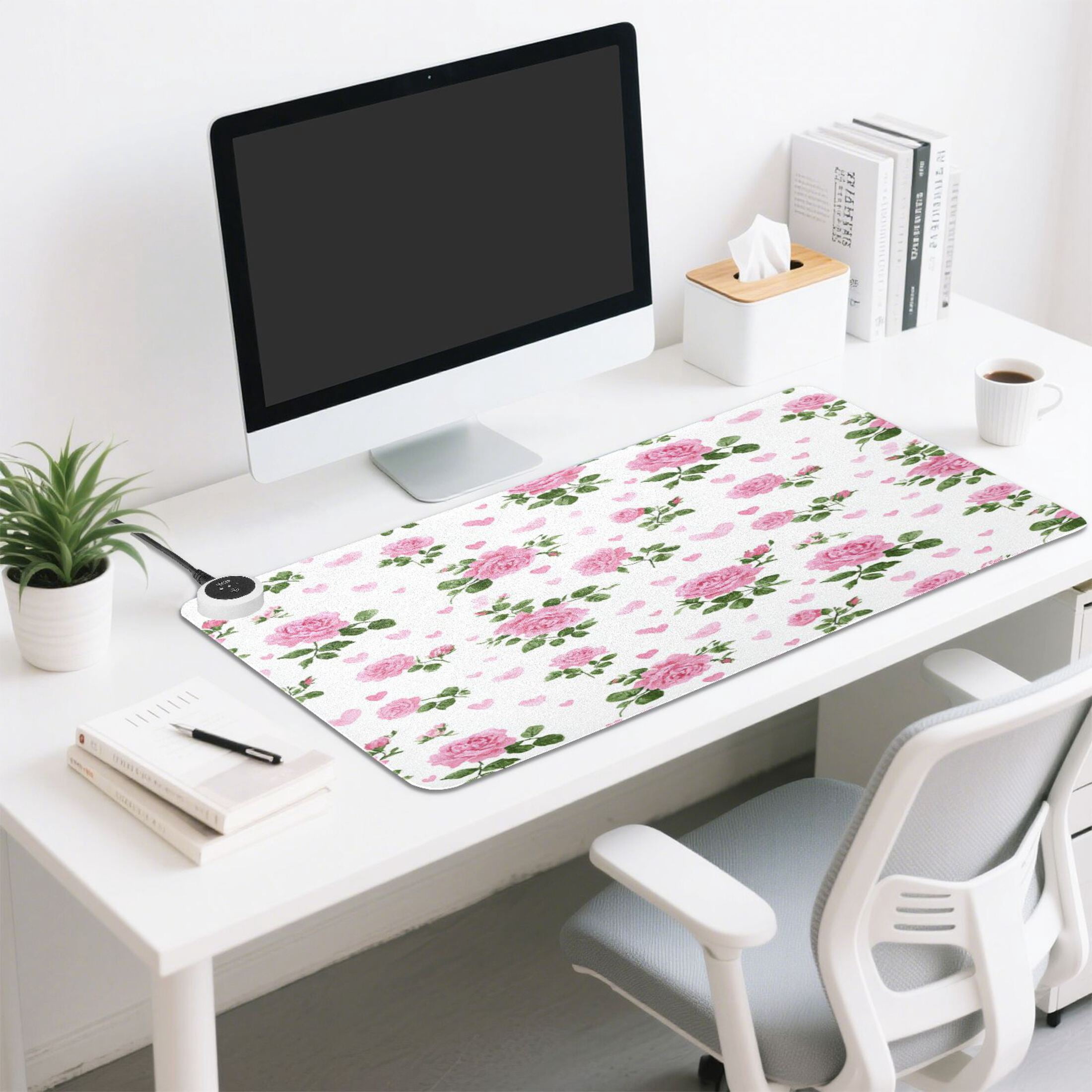 Large Heated Desk Mat Mouse Pad 31.5"x13"PU Leather Graphene Heating Desk Warmer with 3 Temperature Settings 110V US Plug Non-Slip Warm Pad for Home, Office, and Gaming Lovely Rose Heart Pattern