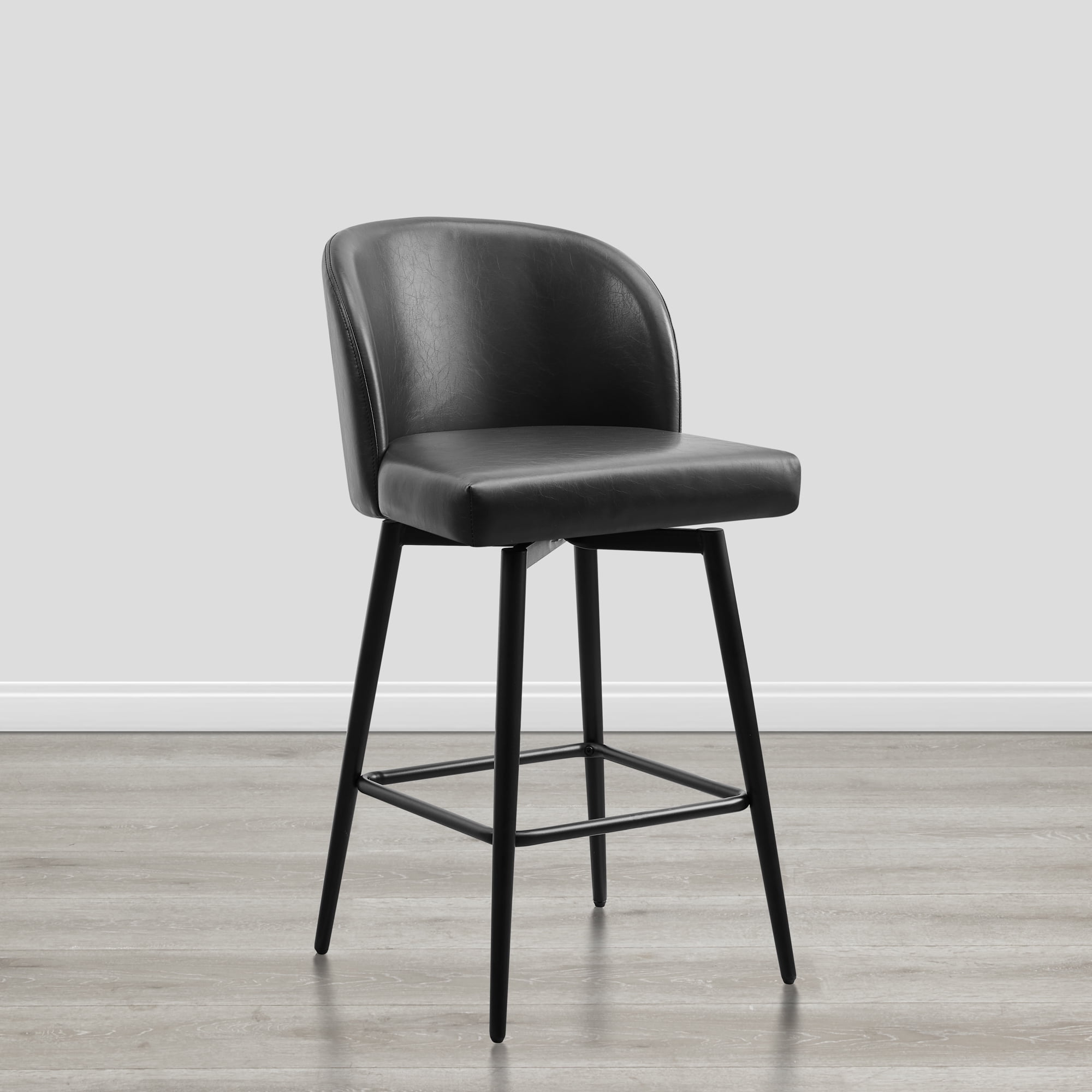 Spruce & Spring Counter Height Swivel Barstool with Metal Legs Set of 2, Black, Faux Leather