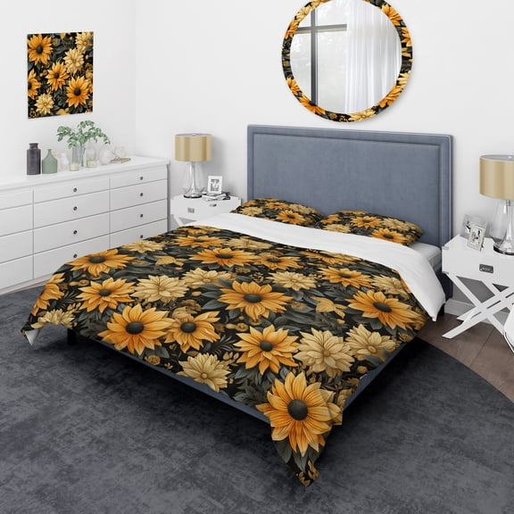 Designart "Sunny Rustic Sunflower Field II" Yellow Floral Bedding Covert Set - Cottage Bed Set With 2 Shams