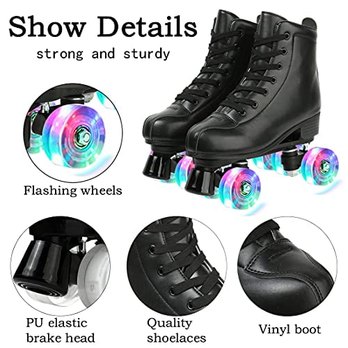 XUDREZ Roller Skates Unisex Leather Adjustable Double Row 4 Wheels Roller Skates High-Top Shoes Shiny Roller Skates for Indoor Outdoor 
