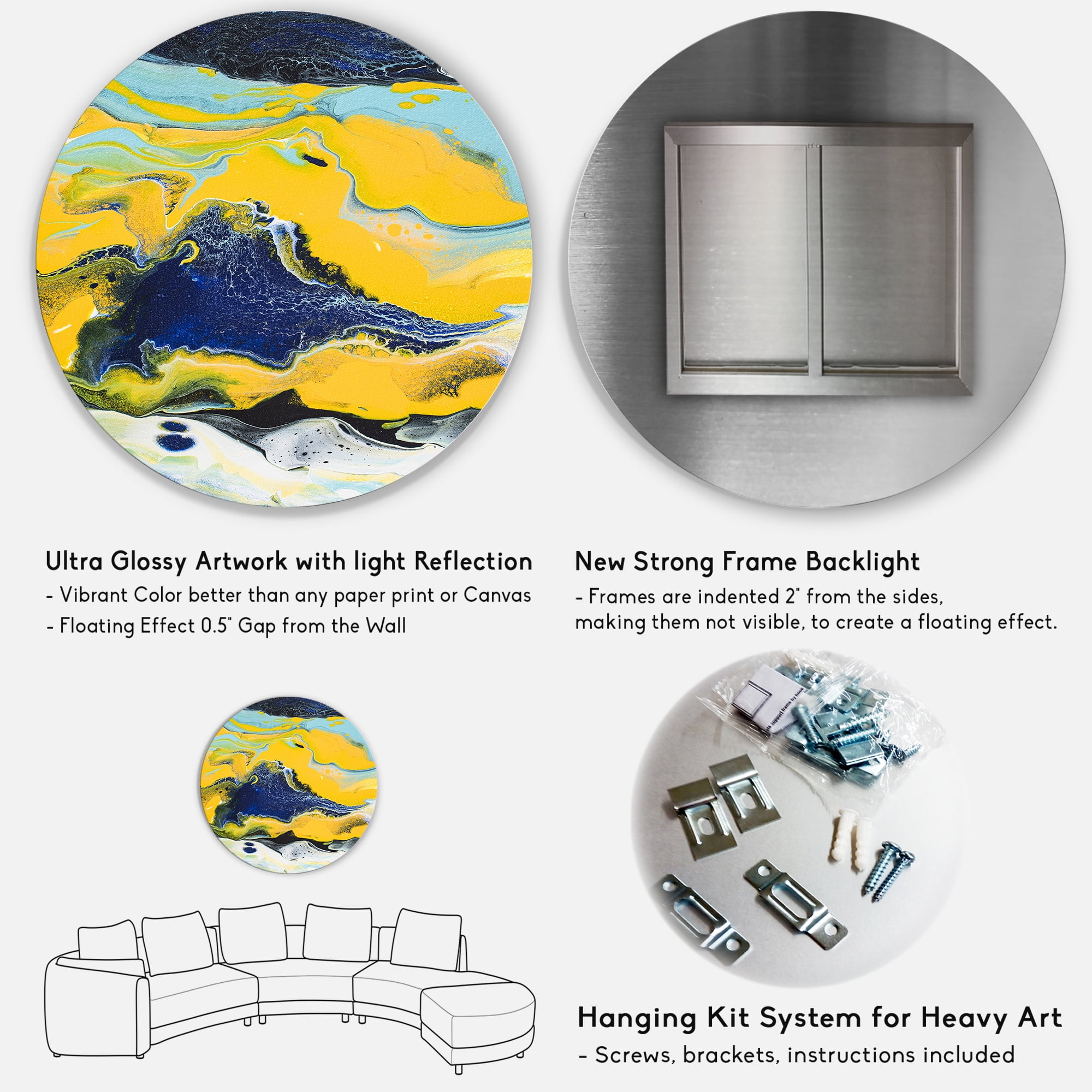 Designart 'Abstract Marble Composition In Blue and Yellow I' Modern Circle Metal Wall Art 36x36 - Disc of 36