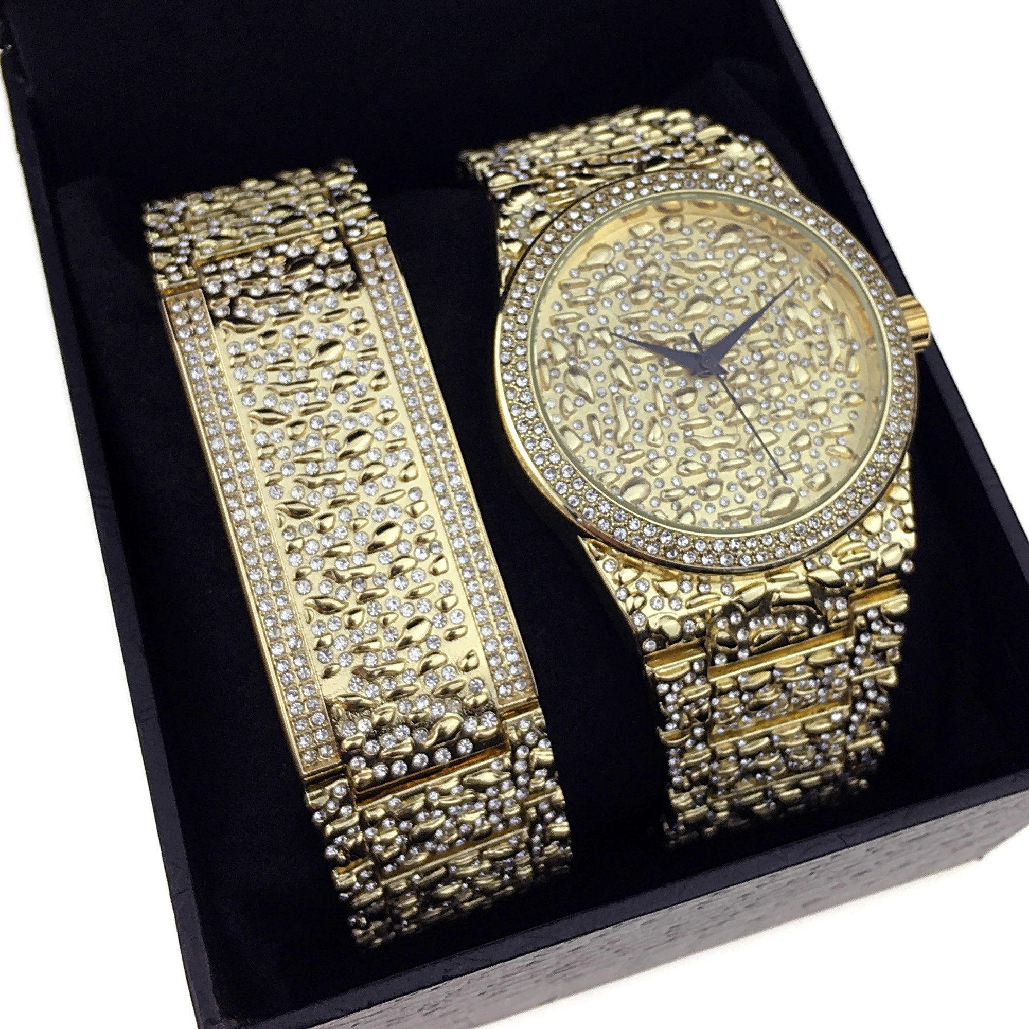 Men's "Gold Nugget" Watch & Bracelet Hip Hop Set Iced Gold Finish with