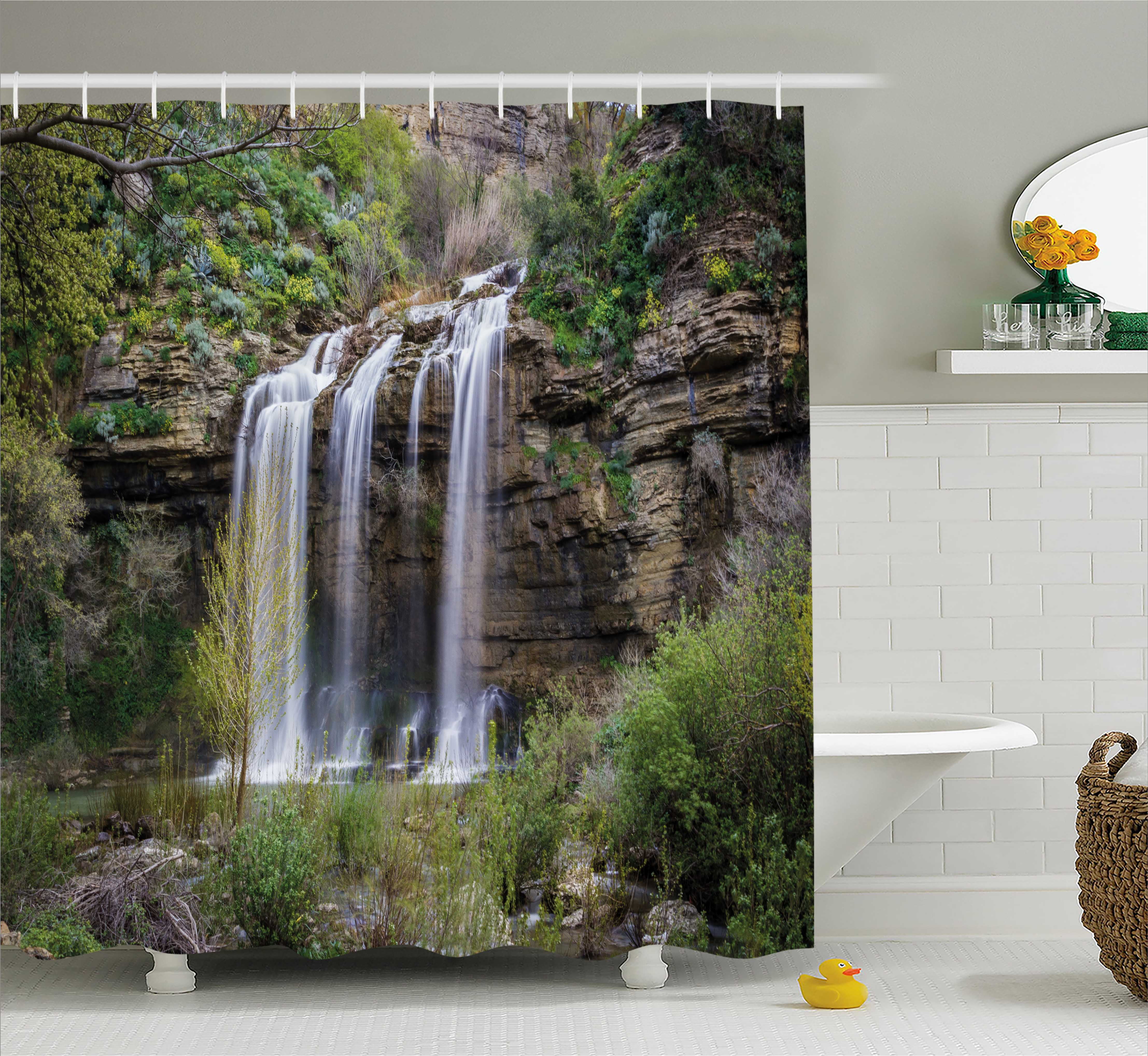 Nature Shower Curtain, Photo of Waterfall Forest Jungle Corleone Sicily Rocks Trees Grass