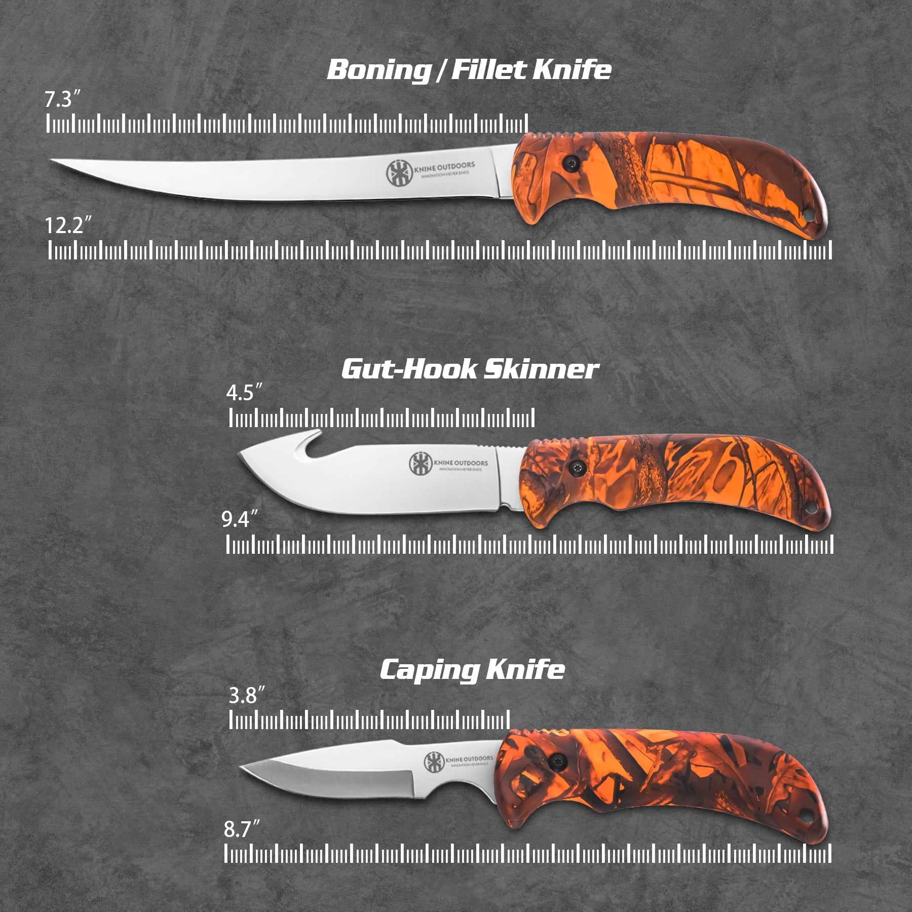 KNINE OUTDOORS Hunting Deer Knife Set Red Maple Camo Handle Field Dressing Kit Portable Game Processor Set with Nylon Belt Sheath, 8 Pieces