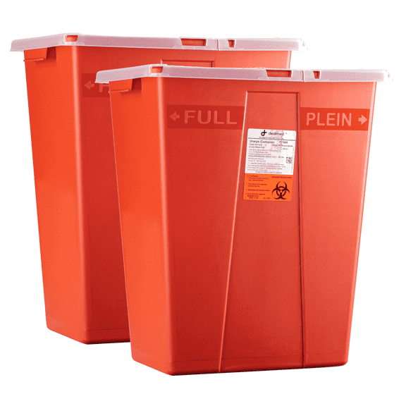 Dealmed Sharps Container, 8 Gallon Hinged Lid, Red (Pack of 2)