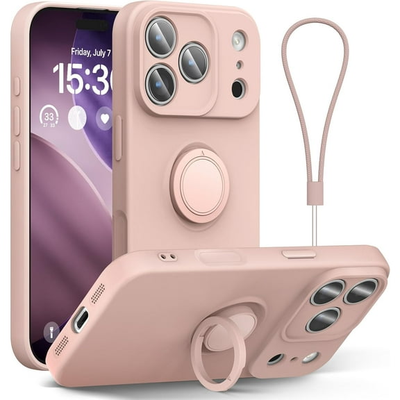 for iPhone 17 Pro Case 6.3'', Ring Stand Silicone Slim Design (with Wrist Strap), Magnetic Car Mount Case Cover Compatible with iPhone 17 Pro (Pink)