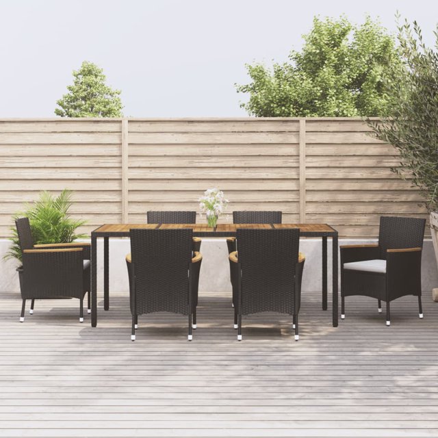 vidaXL 7 Piece Garden Dining Set with Cushions Black Poly Rattan
