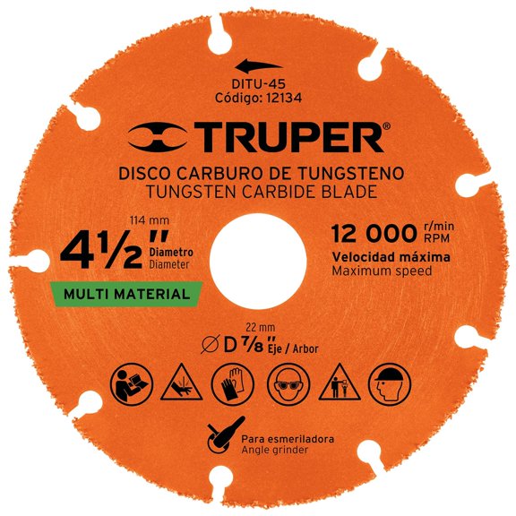 Disco de carburo de Tungsteno 4-1/2', multiusos Truper TRUPER DITU-45