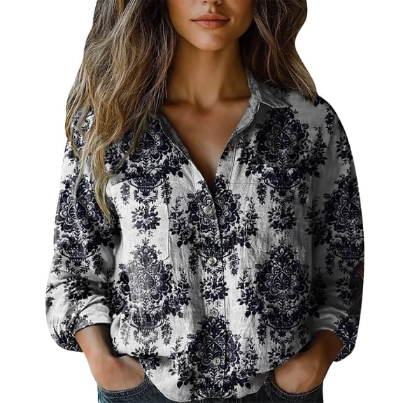 Womens Tops Fashion Print Long Sleeve Cotton Button Blouse Spring Summer Shirts for Women Black L