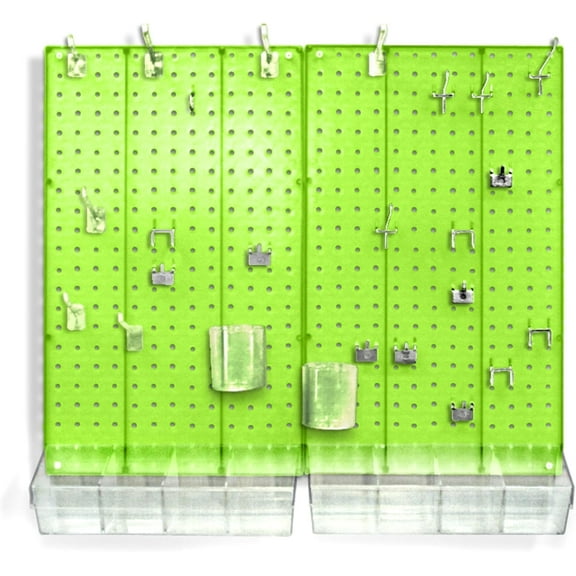 Azar Displays 900945-GRE The DIY Multi-purpose 70-piece Pegboard Wall Organizer Kit with Two Panels and Accessory Assortment, Panel Sizes: 13.5” W x 22” H each, Green