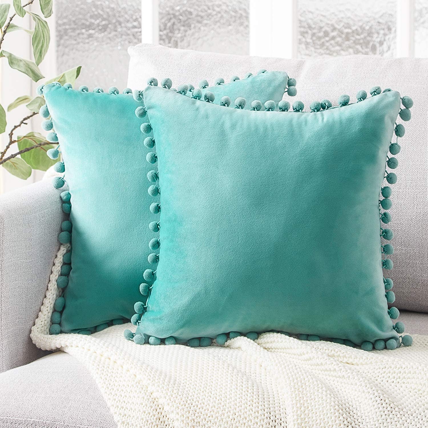 US Velvet Cushion Cover Pom Poms Home Decorative Sofa Car Throw Pillow Case 18"