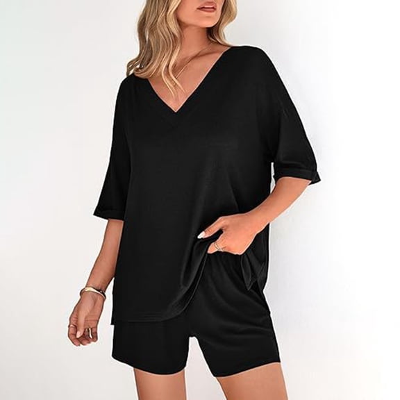 Women's 2 Piece Summer Outfit Set, Casual Oversized V Neck T-Shirt & High Waisted Biker Shorts, Lounge Wear Shorts Set, Workout Yoga Clothes Black L