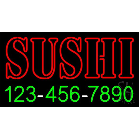 Double Stroke Red Sushi with Phone Number LED Neon Sign 20 x 37 - inches, Black Square Cut Acrylic Backing, with Dimmer - Bright and Premium built indoor LED Neon Sign for restaurant decor.