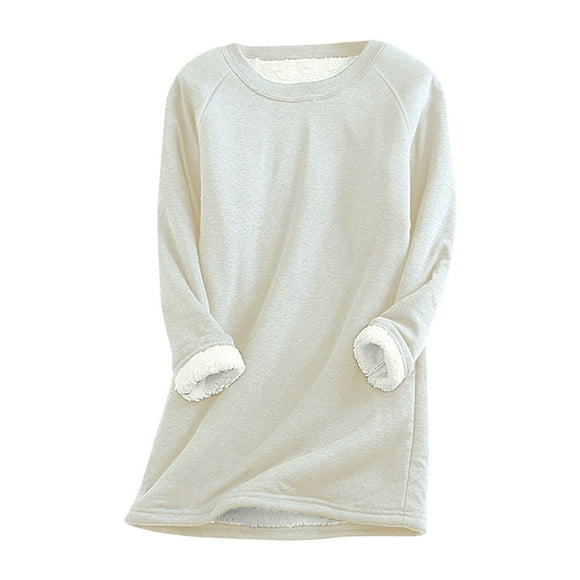 jsaierl Womens Sherpa Lined Sweatshirts Fleece Round Neck Pullover Loungewear Long Sleeve Basic Tunic Top Winter Thermal Underwear Top