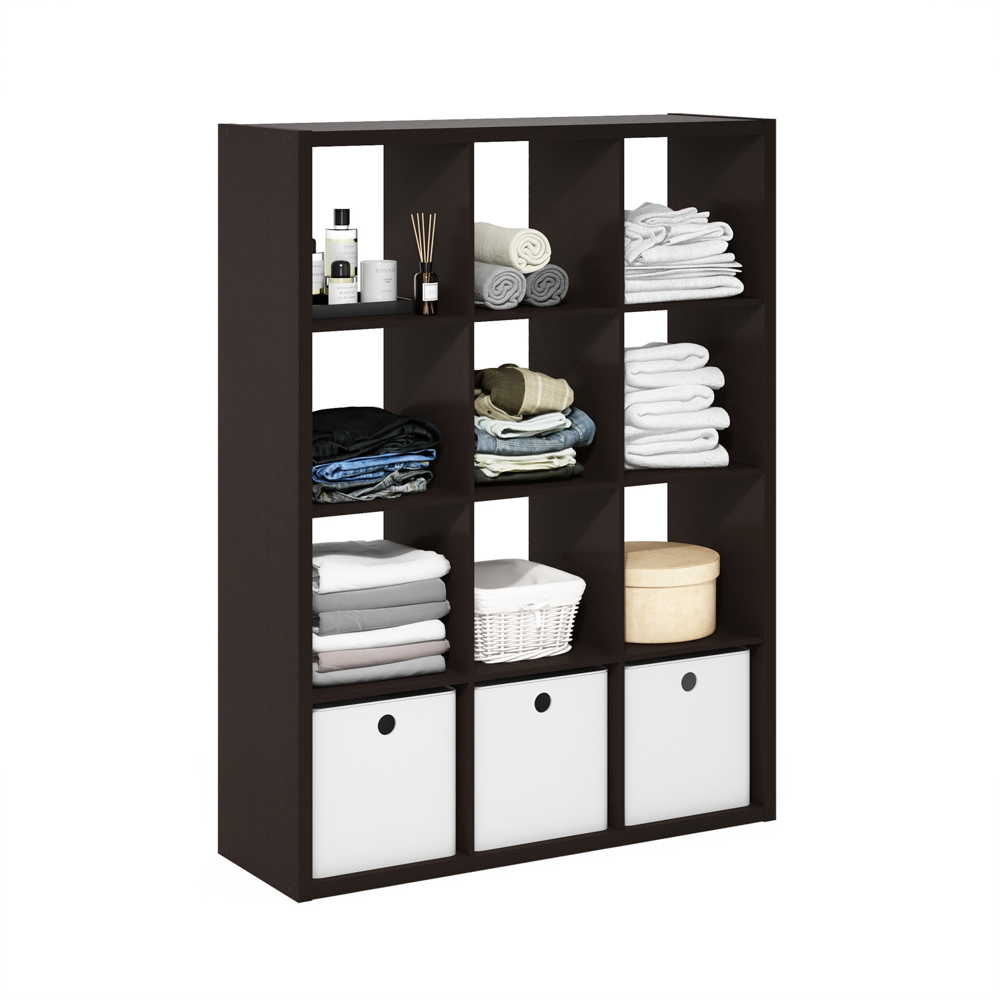 Furinno CUBICLE Book Shelf, 12-Cube Thick Frame Bookshelf, Reversible Bookcase with Open Back, 14.6 x 43.8 x 58, for Living Room, Bedroom, Home Office, Black Dark Oak