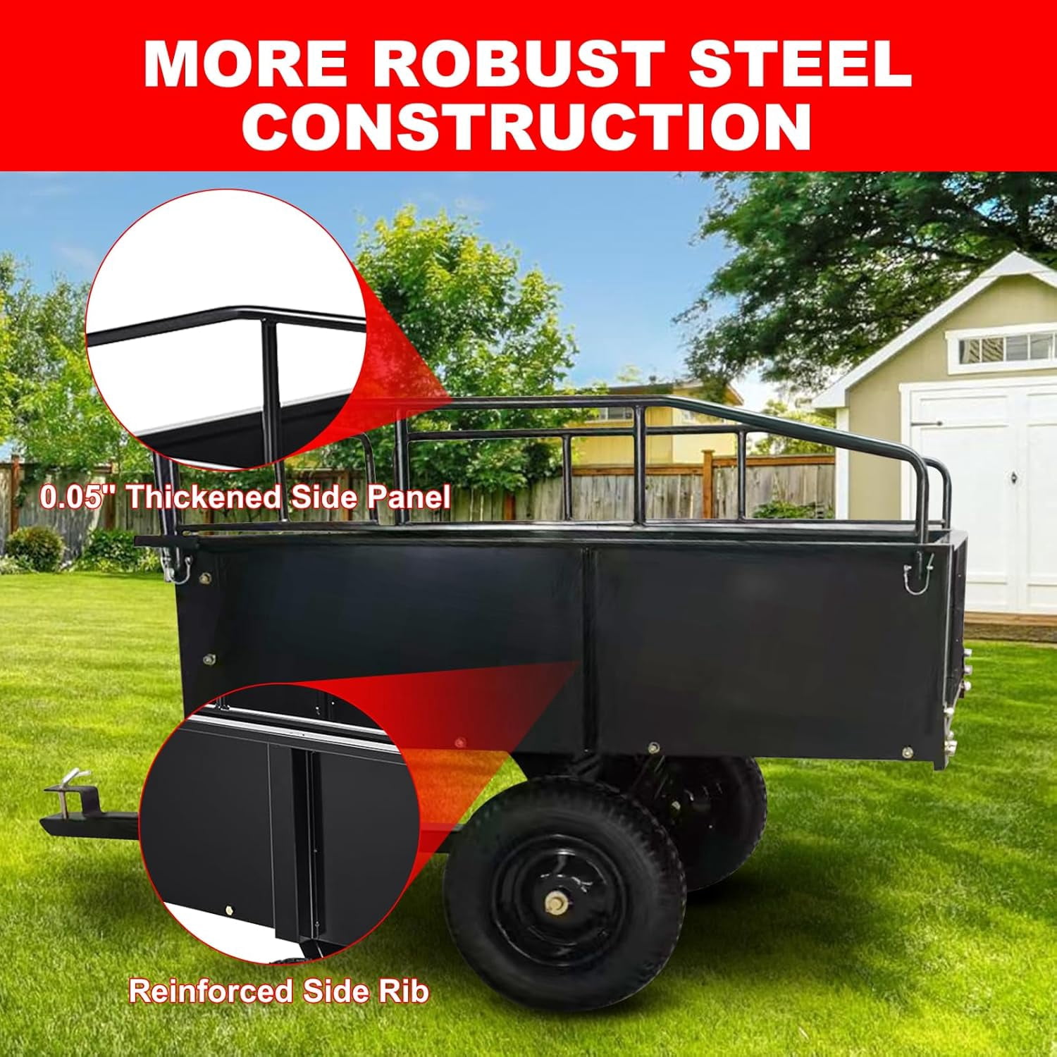 Lumiparty Heavy Duty Tow Behind ATV Trailer, 750 Lbs Steel Dump Cart Garden Carts with Removable Sides to Convert Into Flatbed, Metal Utility Wagon for Riding Lawn Mower Tractor, Black