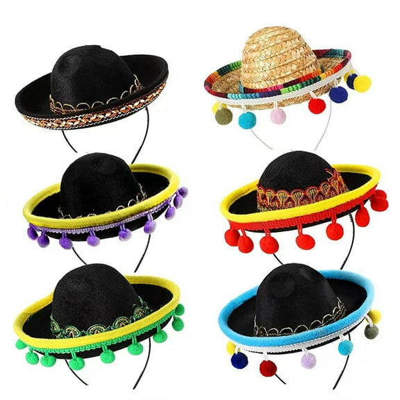 Happydeer 6Pcs Halloween Sombrero Headband Mexican Party Hats with Plush Pom Poms Holidays Fiestas Cosplay Props (6pcs)