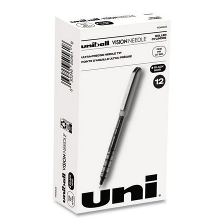 uni-ball VISION Needle Roller Ball Pen, Stick, Fine 0.7 mm, Black Ink, Silver Barrel, Dozen
