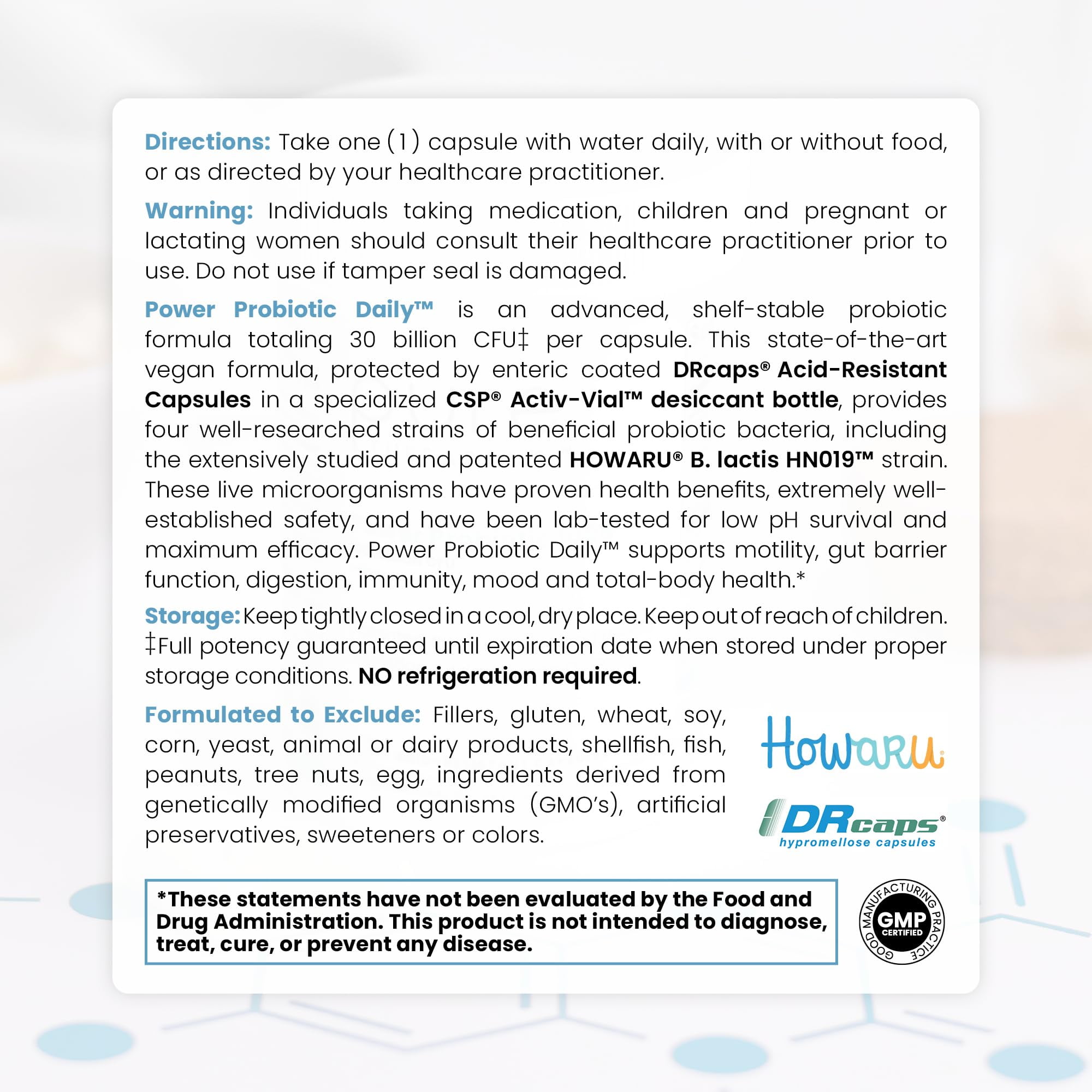 Power Probiotic Daily - 30 Acid-Resistant Capsules | 4 Proven Strains - 30 Billion CFU / Capsule | Patented Activ-Vial Desiccant Bottle to Ensure Freshness | NO Refrigeration Required