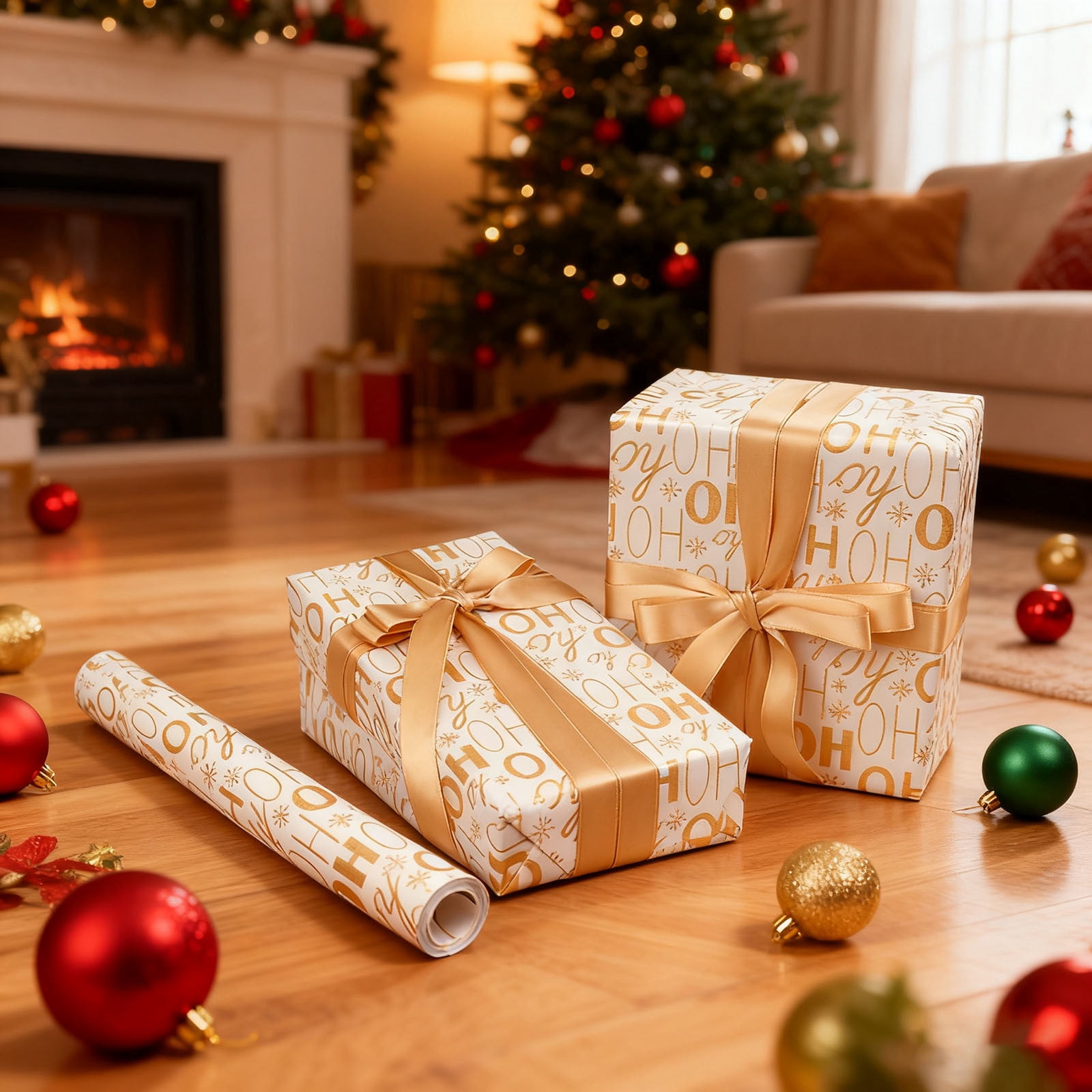 Mouliraty Gold-Foil Christmas Wrapping Paper 118in Roll Thick Gift, for Christmas, Winter Holiday, Party, Celebration, A