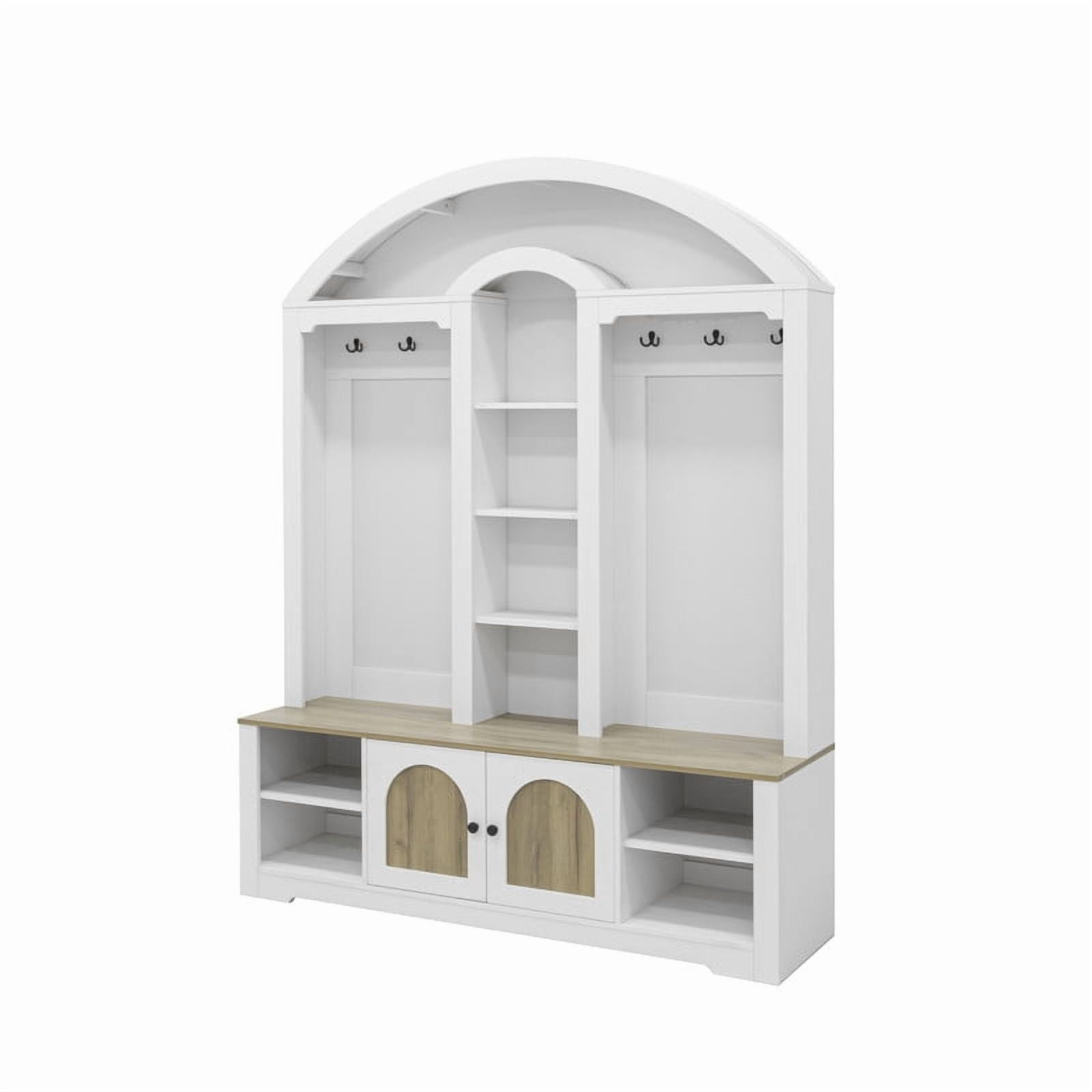 Farmhouse Hall Tree with APP Controlled LED Lights, Mudroom Bench with Shoe Cubbies and Cabinet, Entryway Coat Rack with 6 Hooks for Living Room, Hallway