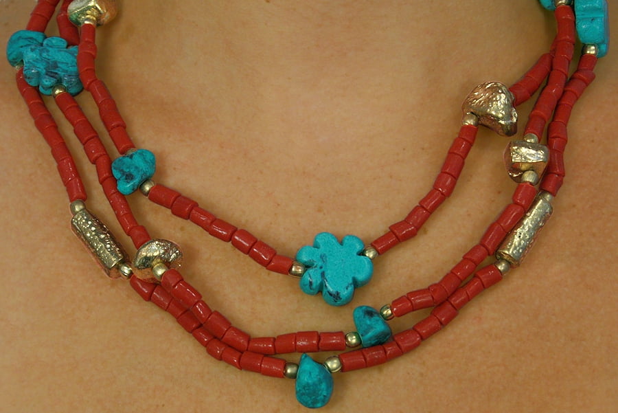 Lead And Nickel Free Brushed Gold Tone Beads With Turquoise And Coral Color Beaded Necklace And Earring Set by