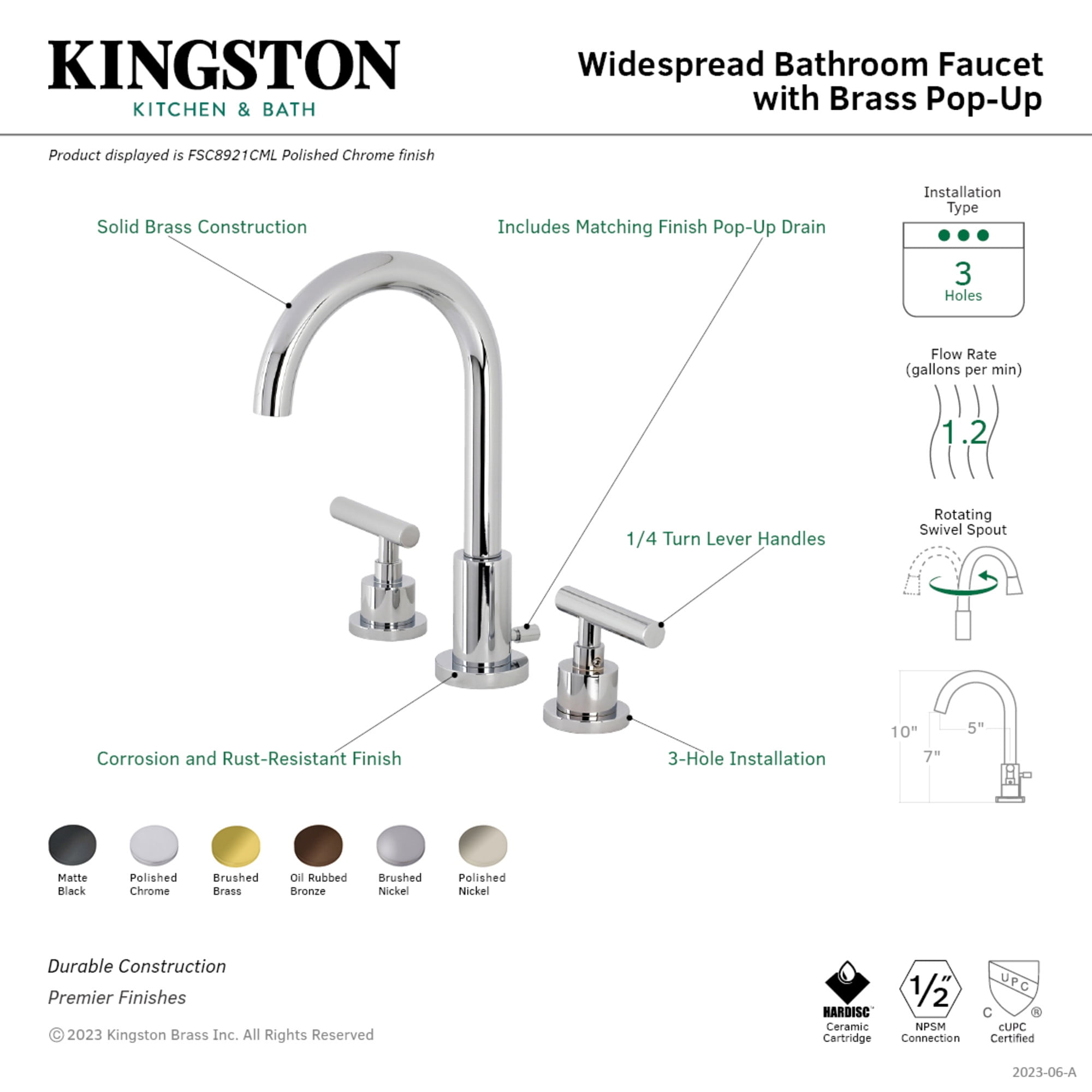 Kingston Brass FSC8920CML Manhattan Two-Handle 3-Hole Deck Mount Widespread Bathroom Faucet with Brass Pop-Up in Matte Black